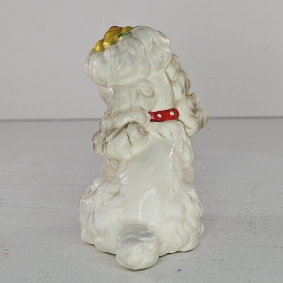 Vintage Josef Originals Ceramic Poodle Figurine Red Collar Yellow Flower - Picture 3 of 8